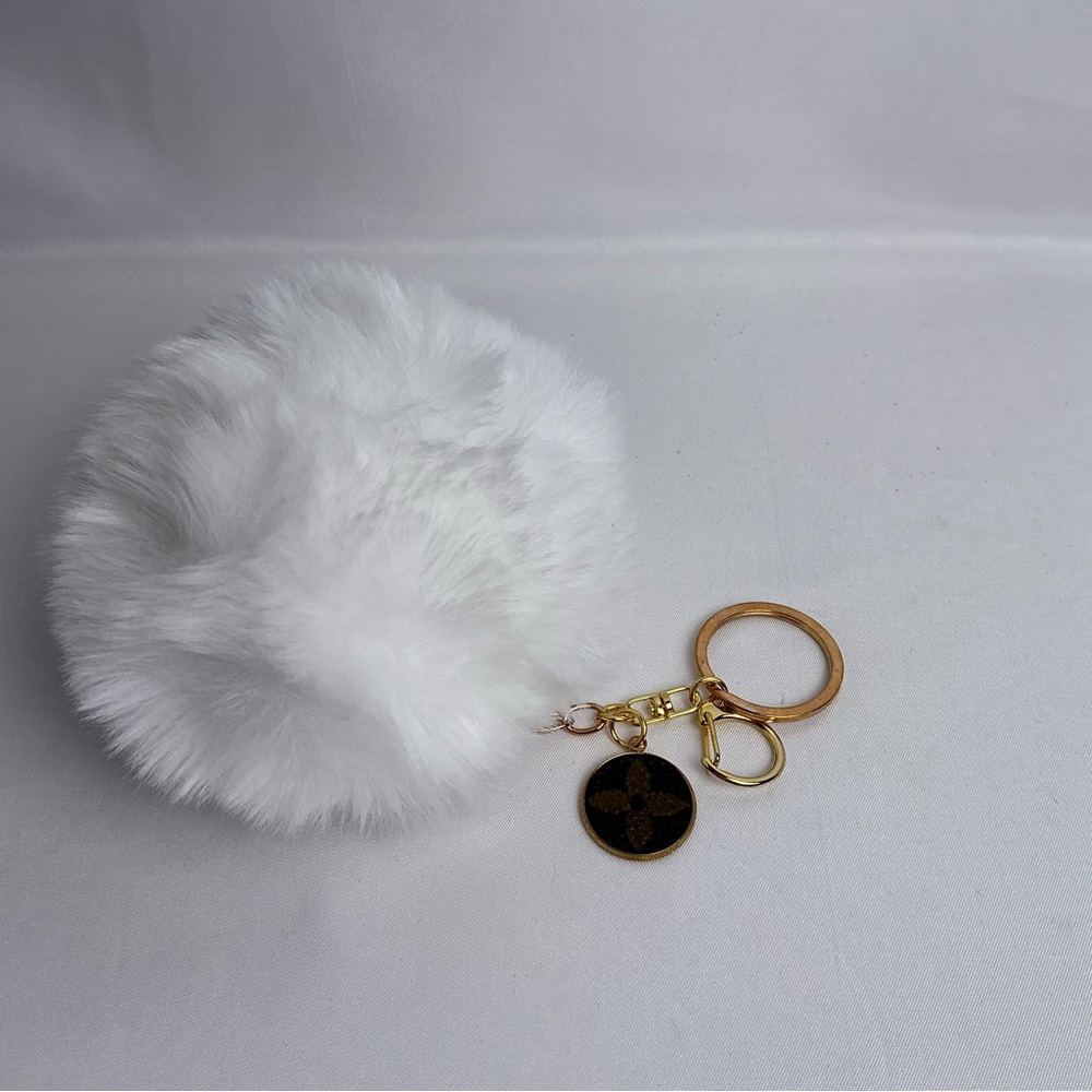 Louis Vuitton Upcycled Monogram Canvas White faux Fur Pom Pom Keychain Charm - Picture 2 of 4
